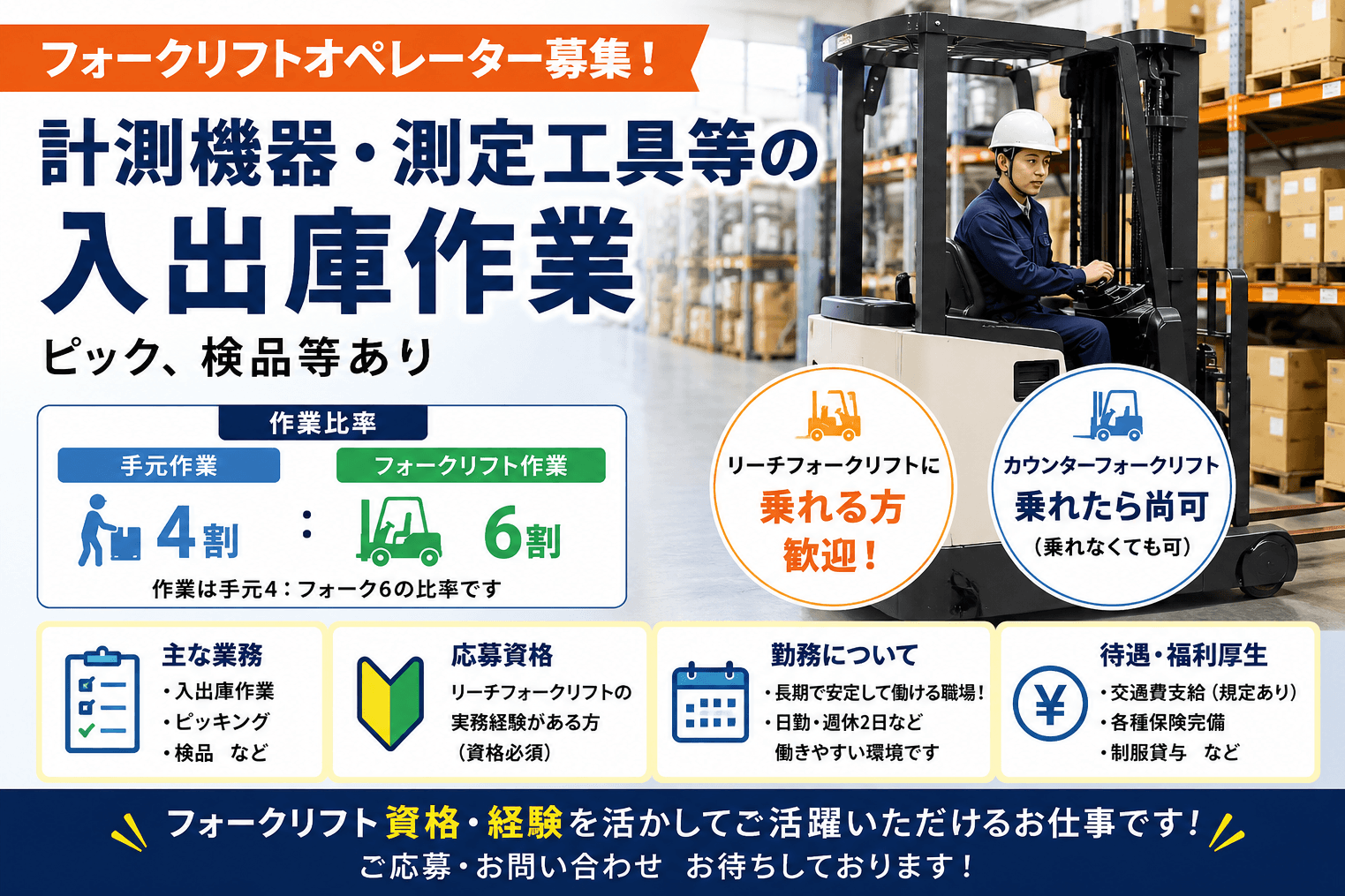 【横浜】リーチフォークリフトを使用した計測機器・測定工具などの入出庫作業