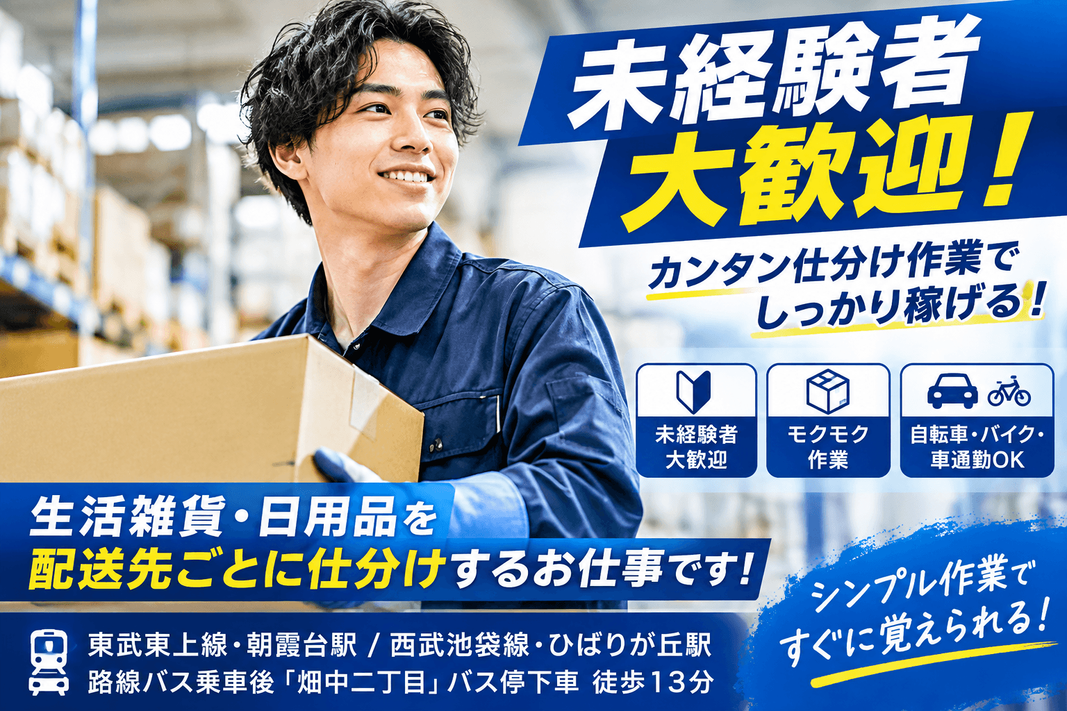 【朝霞台】生活雑貨や日用品などの方面別仕分け作業