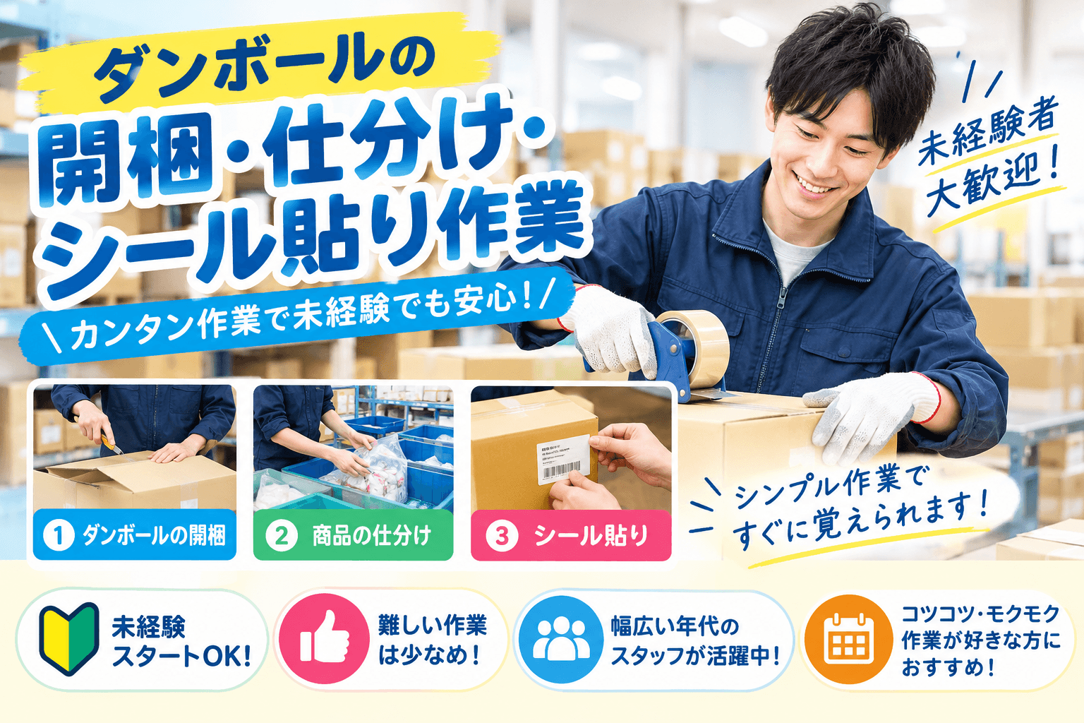 【柏】ダンボールの開梱・仕分け・シール貼り作業