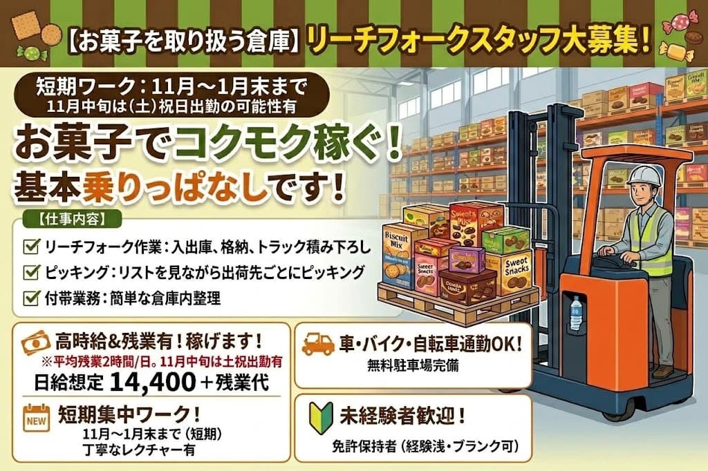【稲毛】リーチフォークを使った入出荷業務/急募4名!即日~1月末まで!残業あり!