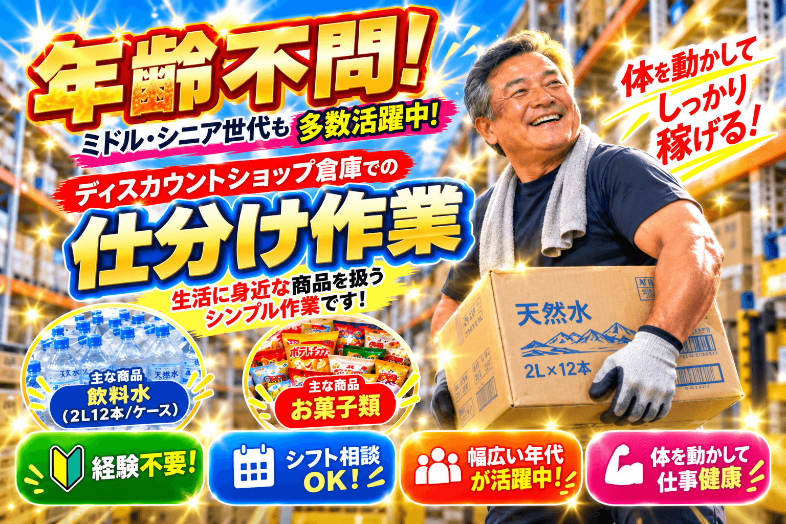 体力つけたい方、力仕事に自信のある方是非☆彡【新守谷】飲料水・園芸用品等の仕分け・商品移動等のお仕事